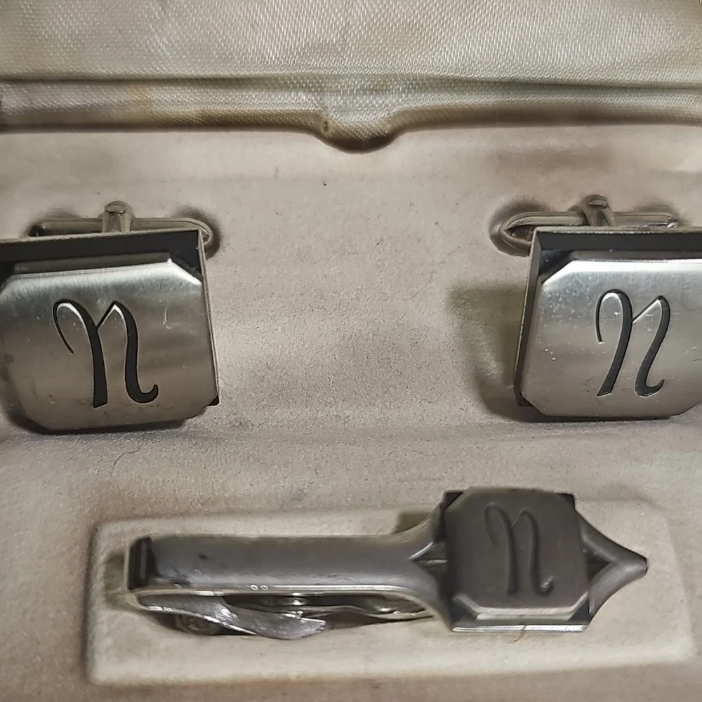 60's Vintage Embassy Initial Swank Silvertone Monogram Cufflinks & Tie Clip Set